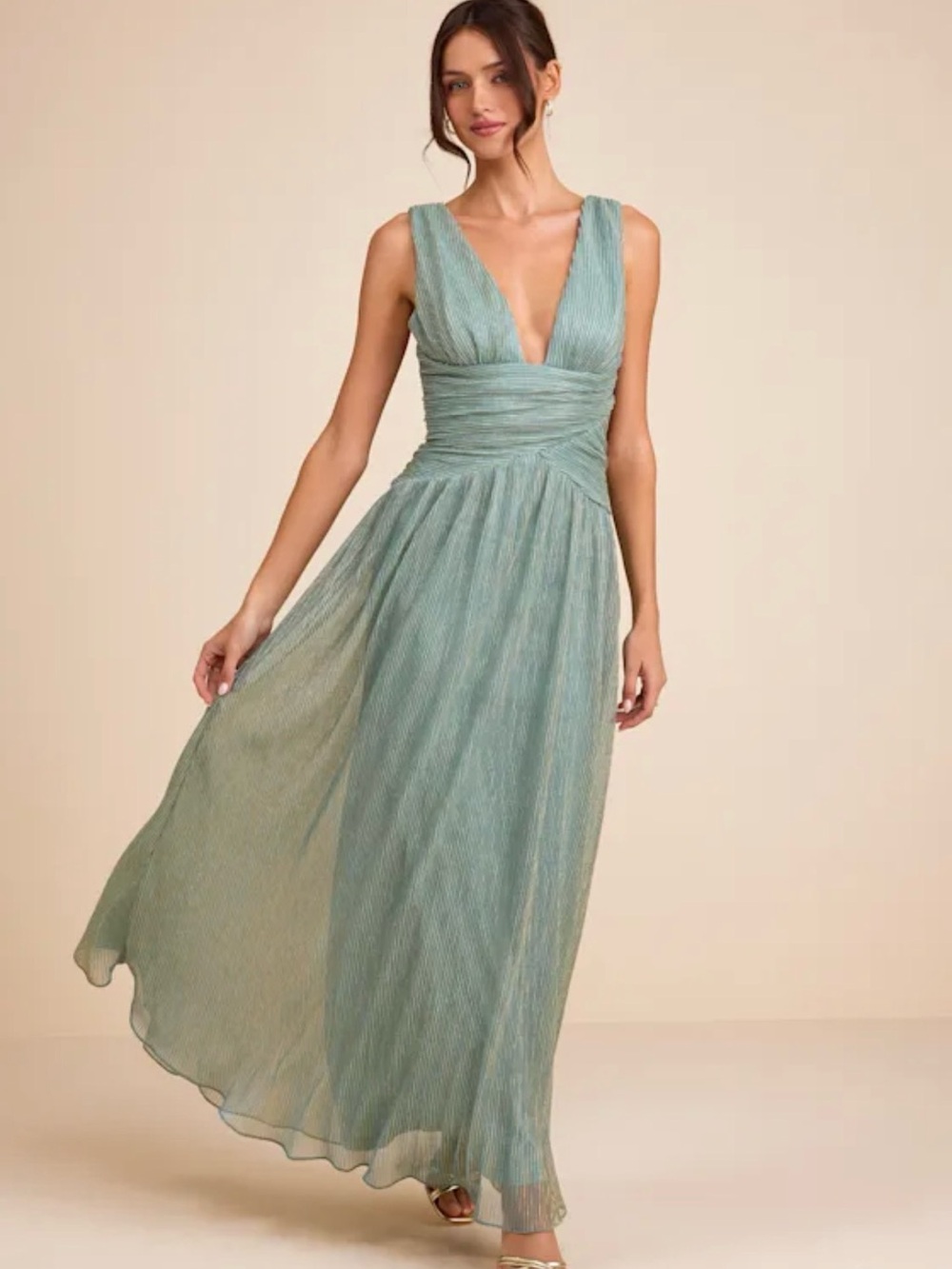 Lulu's Seafoam Plunging V-Neck Maxi Dress